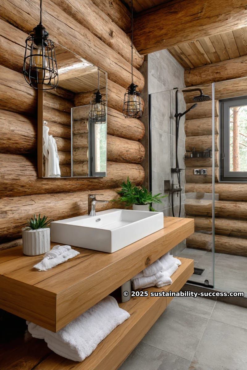 15 Exquisite Log Cabin Interiors to Inspire Your Next Escape 33 minimalist cabin bathroom with floating wood vanity and industrial lighting 1