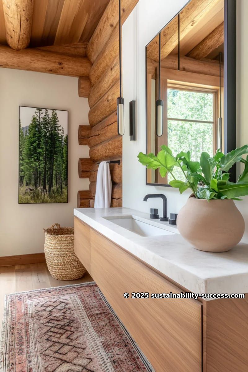 15 Exquisite Log Cabin Interiors to Inspire Your Next Escape 34 minimalist cabin bathroom with floating wood vanity and industrial lighting 1
