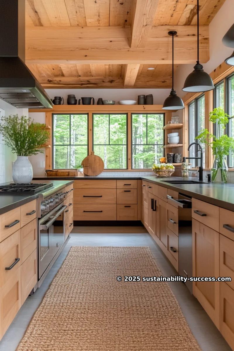 15 Exquisite Log Cabin Interiors to Inspire Your Next Escape 11 modern cabin kitchen featuring matte black fixtures and warm wooden beams 1