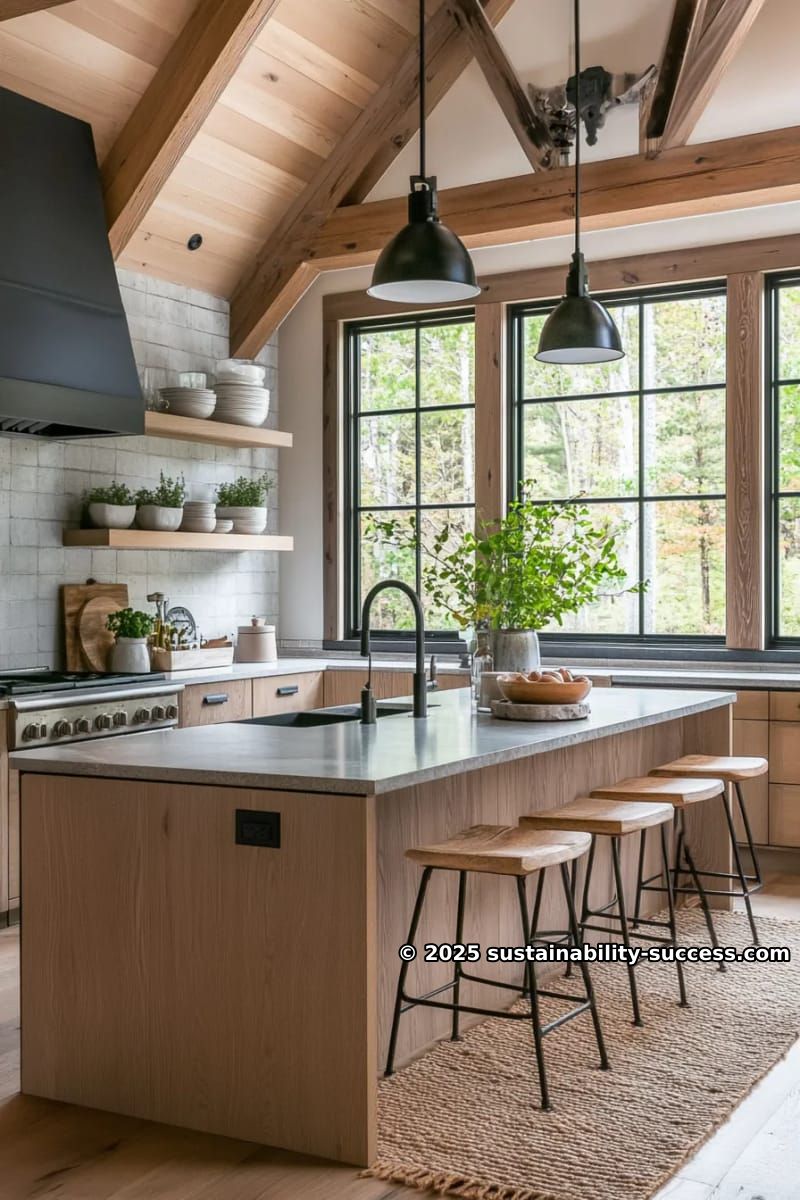 15 Exquisite Log Cabin Interiors to Inspire Your Next Escape 12 modern cabin kitchen featuring matte black fixtures and warm wooden beams 1