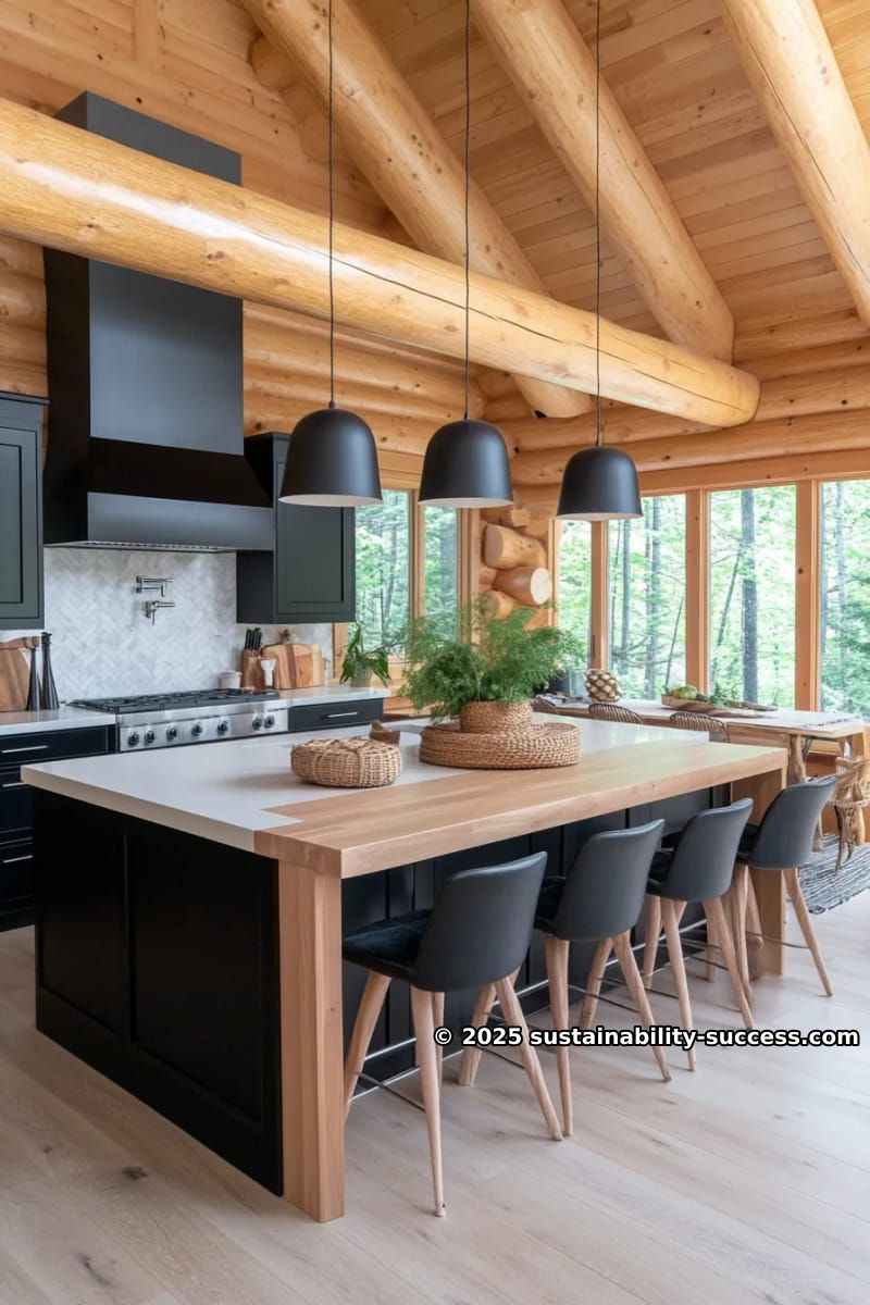 15 Exquisite Log Cabin Interiors to Inspire Your Next Escape 13 modern cabin kitchen featuring matte black fixtures and warm wooden beams 1