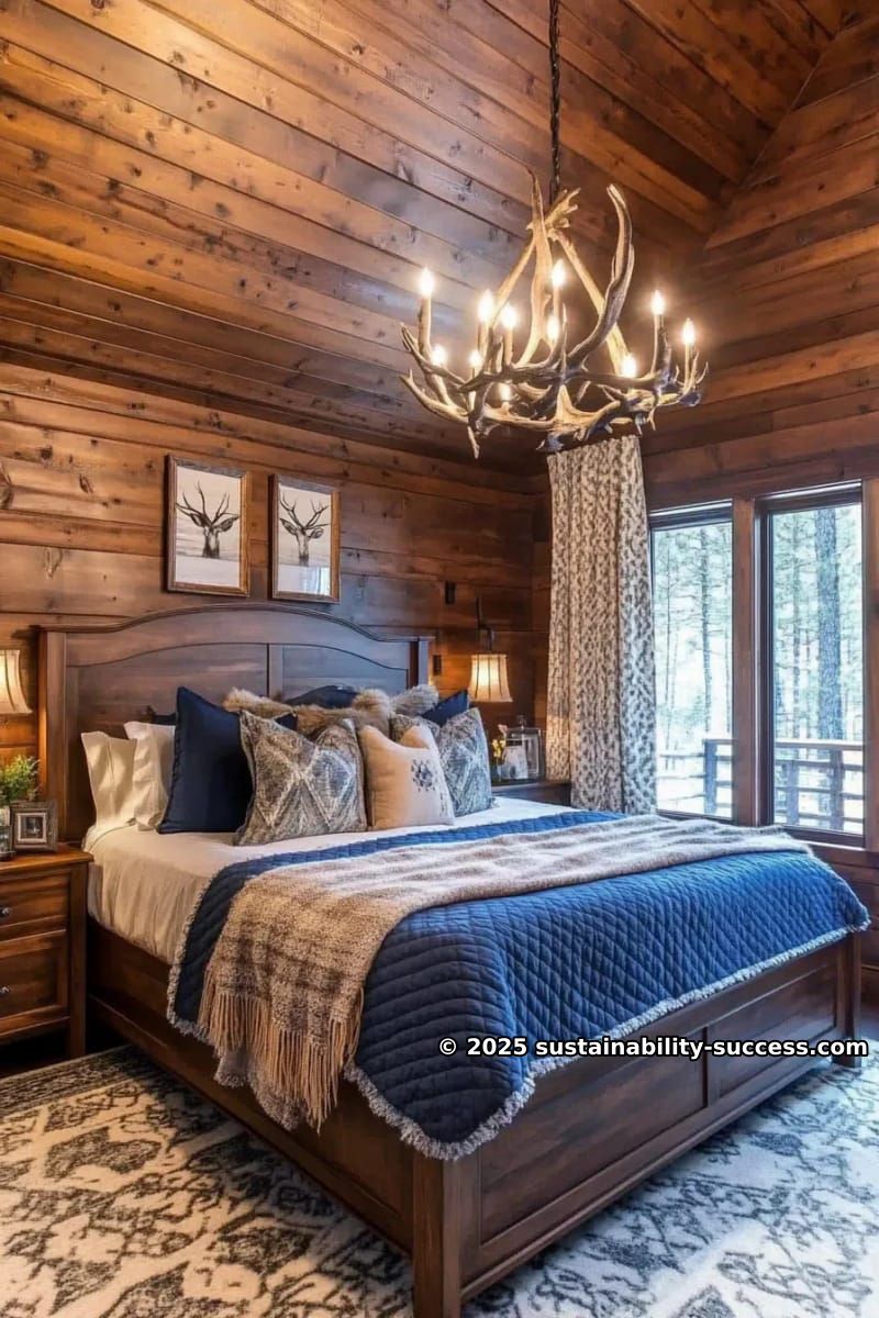 15 Exquisite Log Cabin Interiors to Inspire Your Next Escape 41 moody lodge-style bedroom with dark stained logs and layered fur throws 1