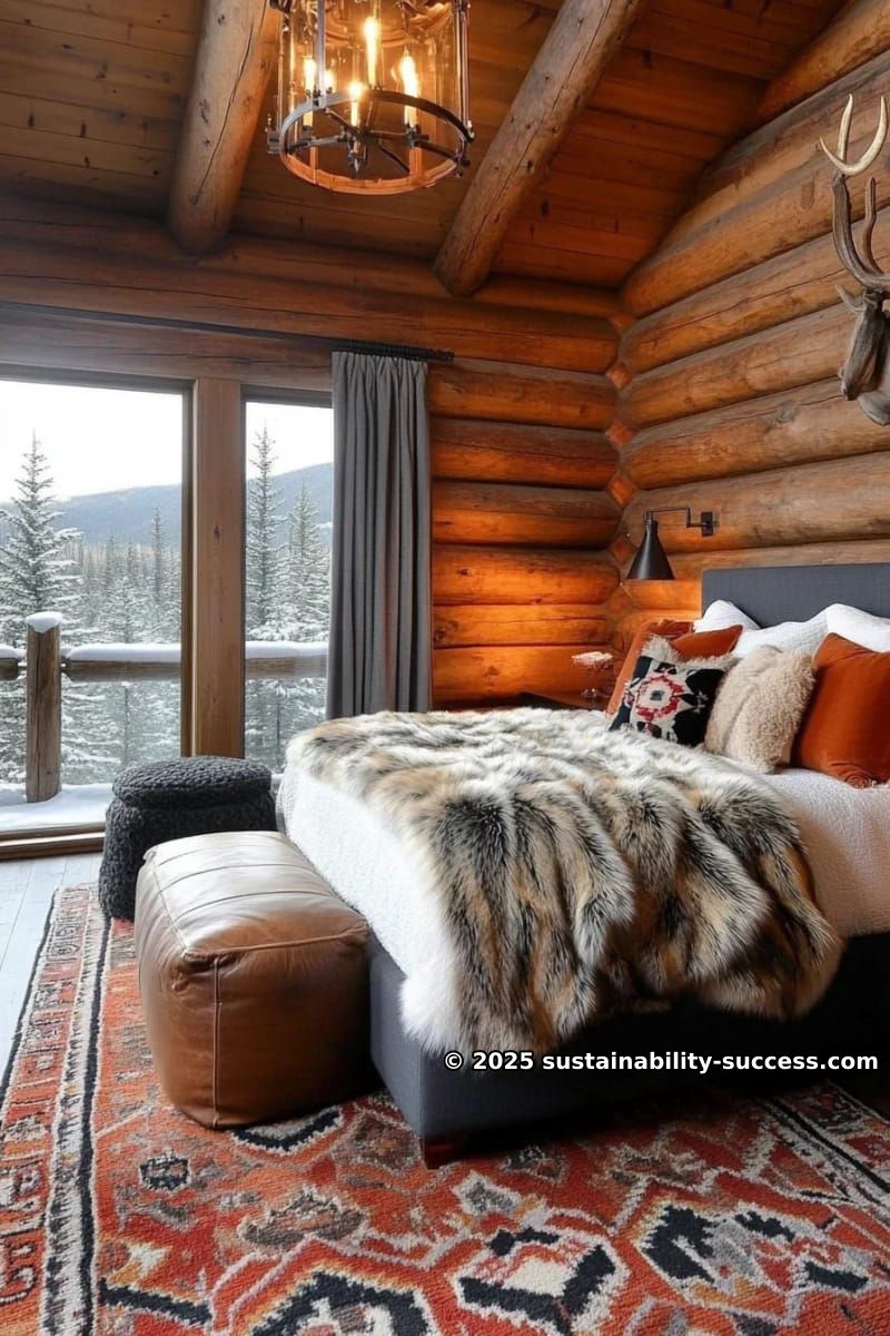 15 Exquisite Log Cabin Interiors to Inspire Your Next Escape 42 moody lodge-style bedroom with dark stained logs and layered fur throws 1