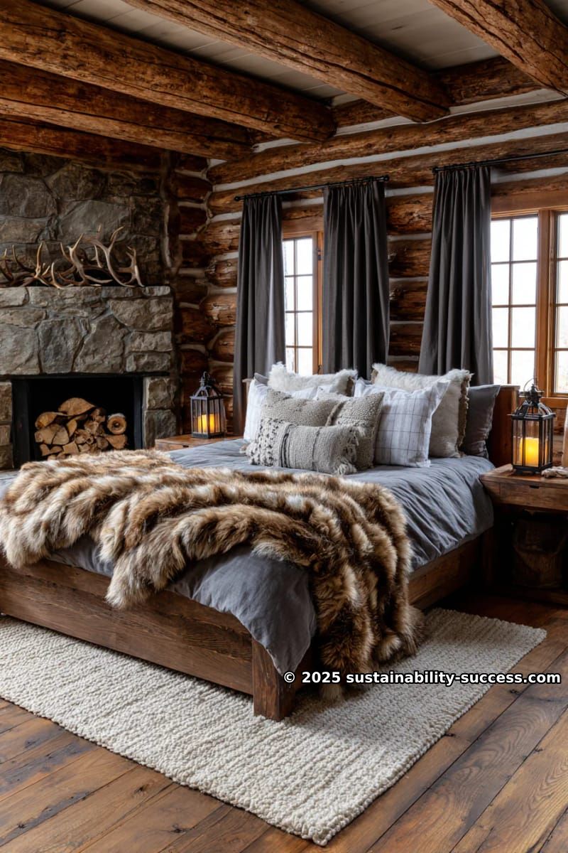 15 Exquisite Log Cabin Interiors to Inspire Your Next Escape 43 moody lodge-style bedroom with dark stained logs and layered fur throws 1