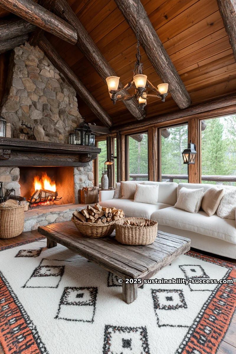 15 Exquisite Log Cabin Interiors to Inspire Your Next Escape 17 open loft living room with exposed rafters and oversized stone fireplace 1