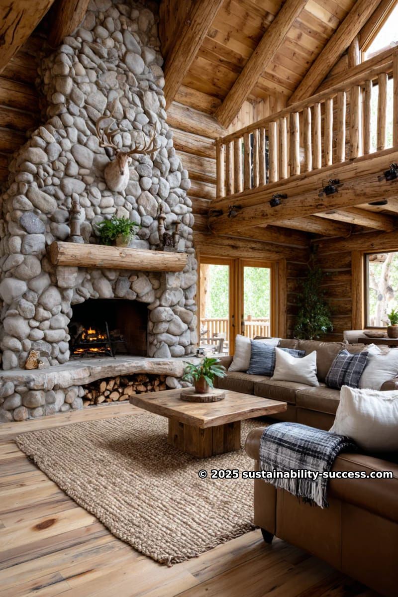 15 Exquisite Log Cabin Interiors to Inspire Your Next Escape 18 open loft living room with exposed rafters and oversized stone fireplace 1