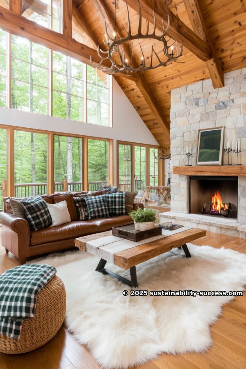 15 Exquisite Log Cabin Interiors to Inspire Your Next Escape 19 open loft living room with exposed rafters and oversized stone fireplace 1
