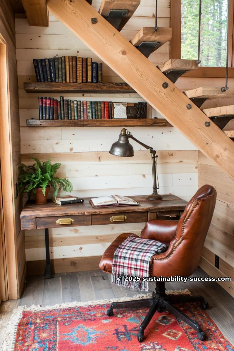 15 Exquisite Log Cabin Interiors to Inspire Your Next Escape 35 rustic log cabin office nook tucked under the stairs with vintage desk 1