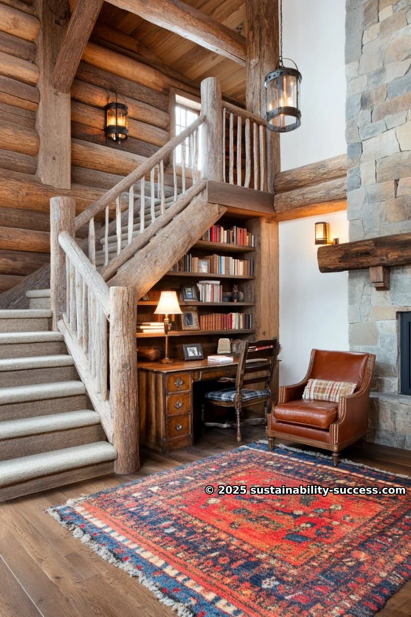 15 Exquisite Log Cabin Interiors to Inspire Your Next Escape 36 rustic log cabin office nook tucked under the stairs with vintage desk 1