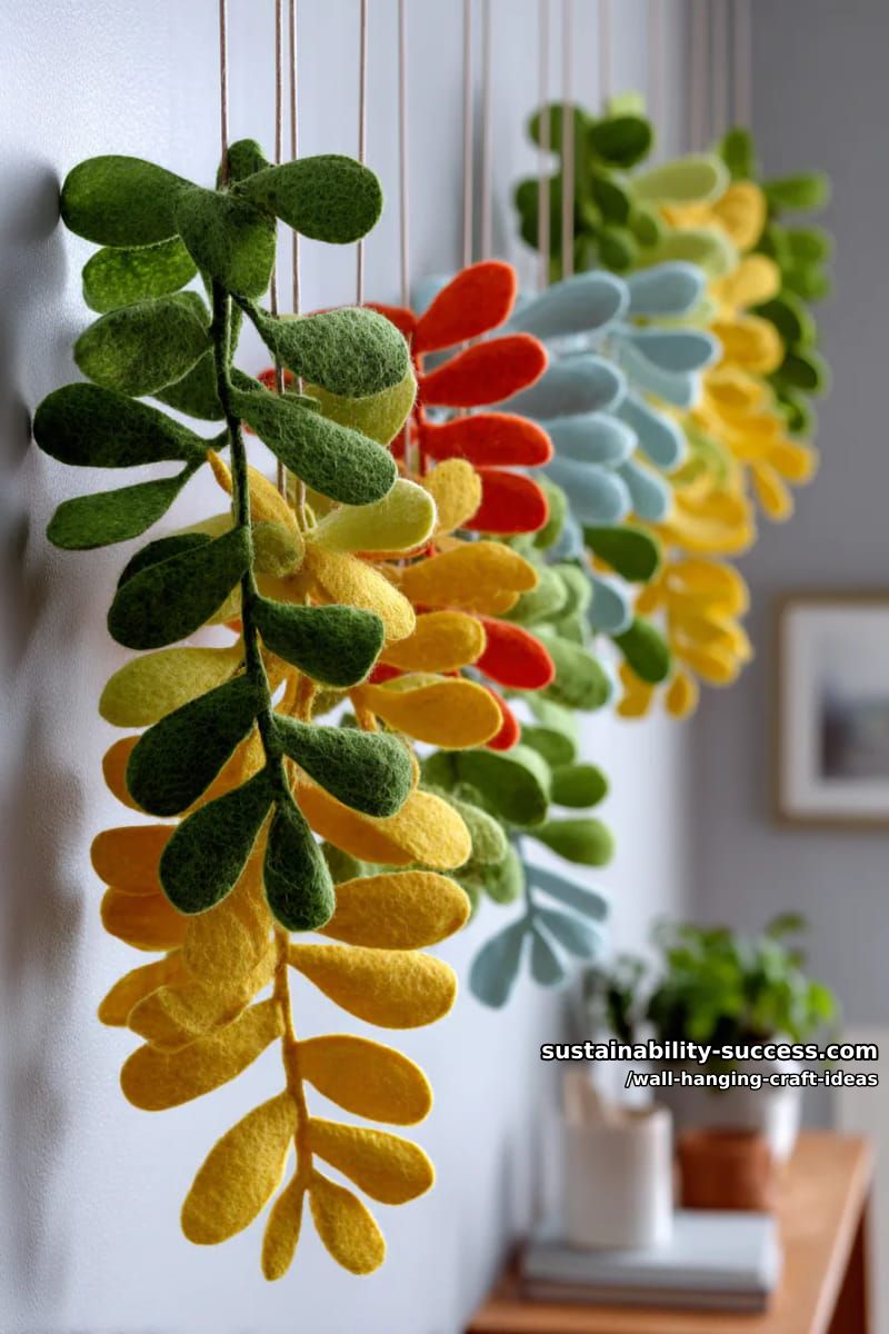 abstract leaf shapes cut from colored felt strung in vertical garlands. 1