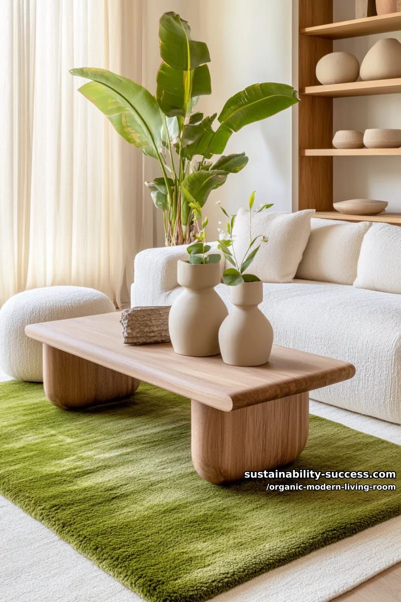 15 Organic Modern Living Room Designs for an Elegant Contemporary Feel 41 add a mossy green rug beneath a sculpted oak coffee table and boucle ottomans 1