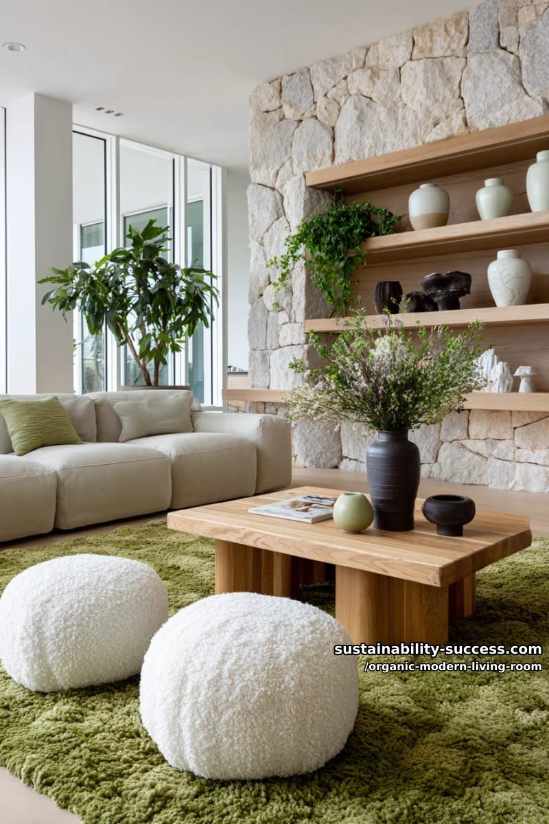 15 Organic Modern Living Room Designs for an Elegant Contemporary Feel 42 add a mossy green rug beneath a sculpted oak coffee table and boucle ottomans 1