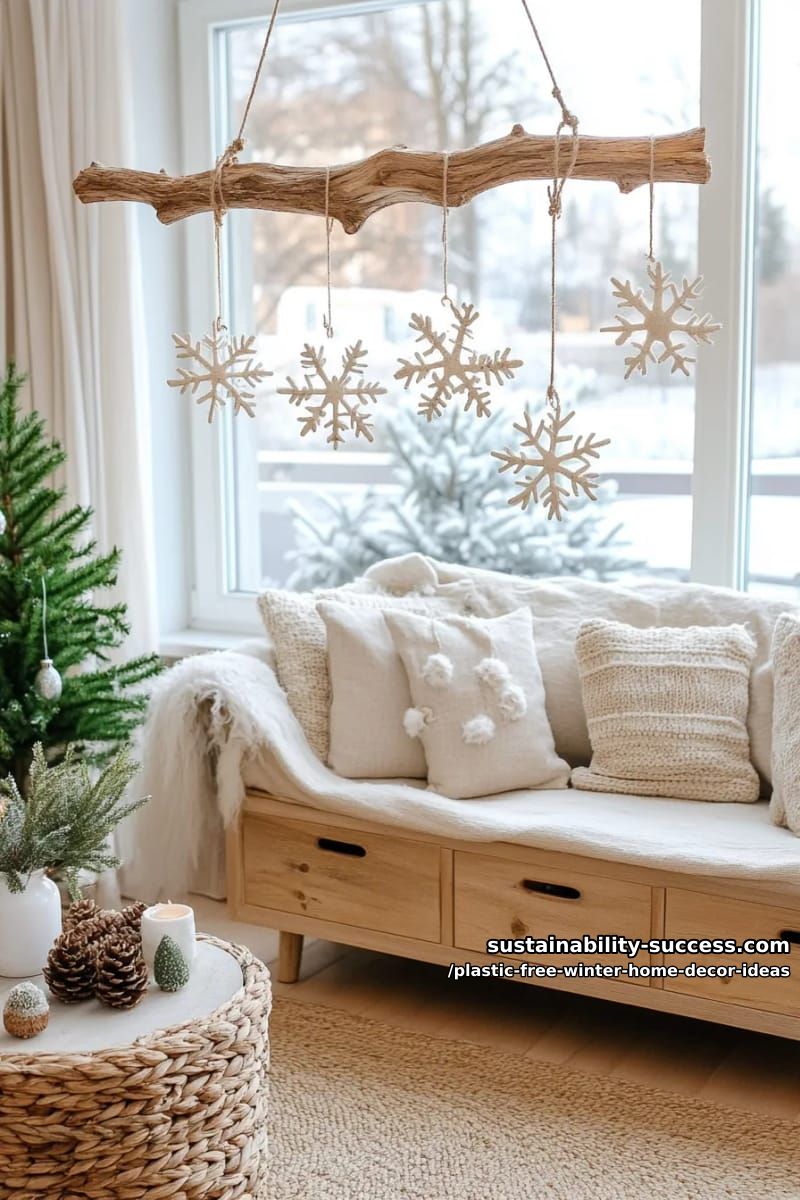 air-dried clay snowflake ornaments hanging from a driftwood mobile. 1
