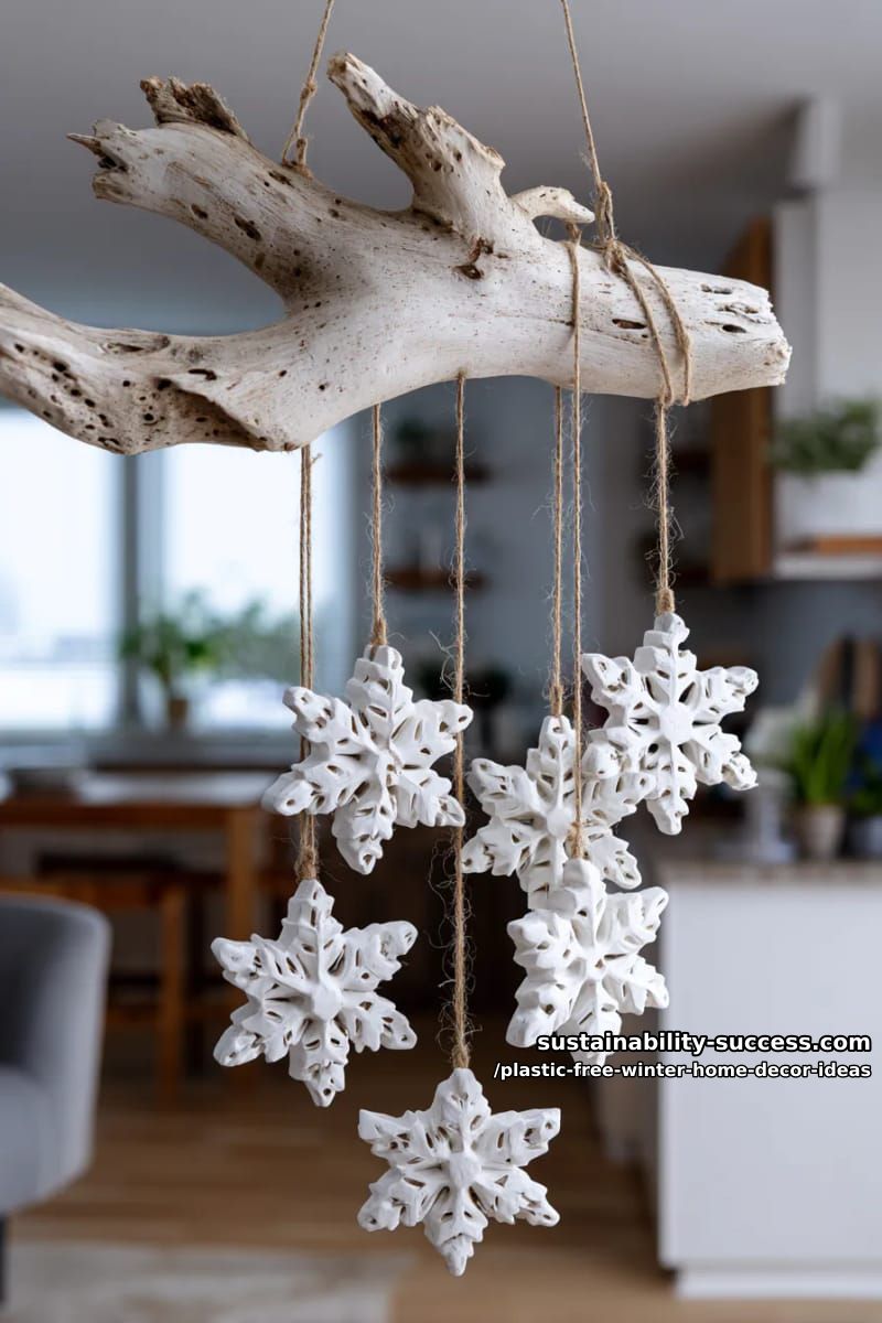 air-dried clay snowflake ornaments hanging from a driftwood mobile. 1