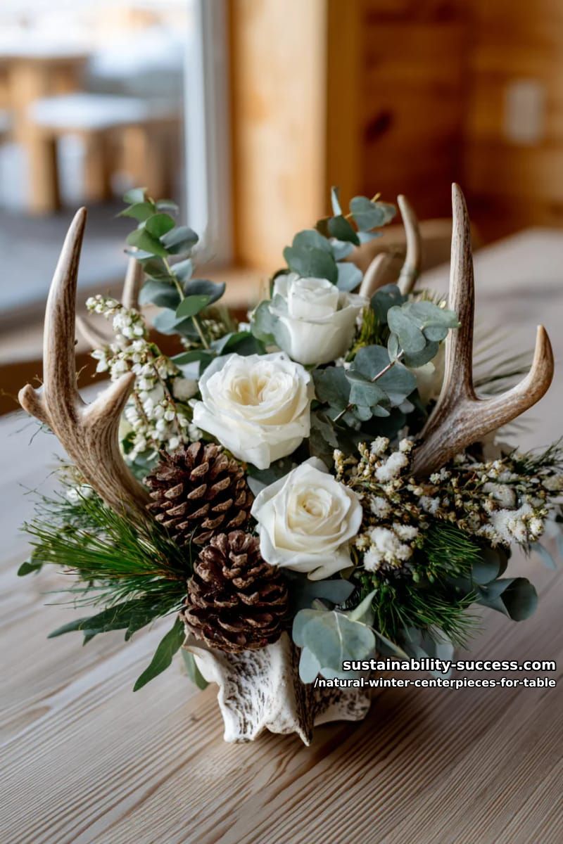 antler accents with eucalyptus and winter roses arrangement 14
