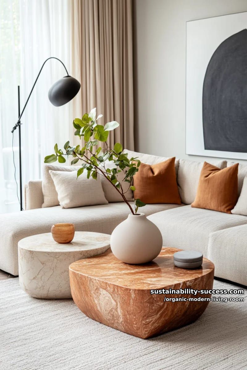 15 Organic Modern Living Room Designs for an Elegant Contemporary Feel 25 arrange asymmetrical nesting tables with marble and raw-edge wood finishes 1