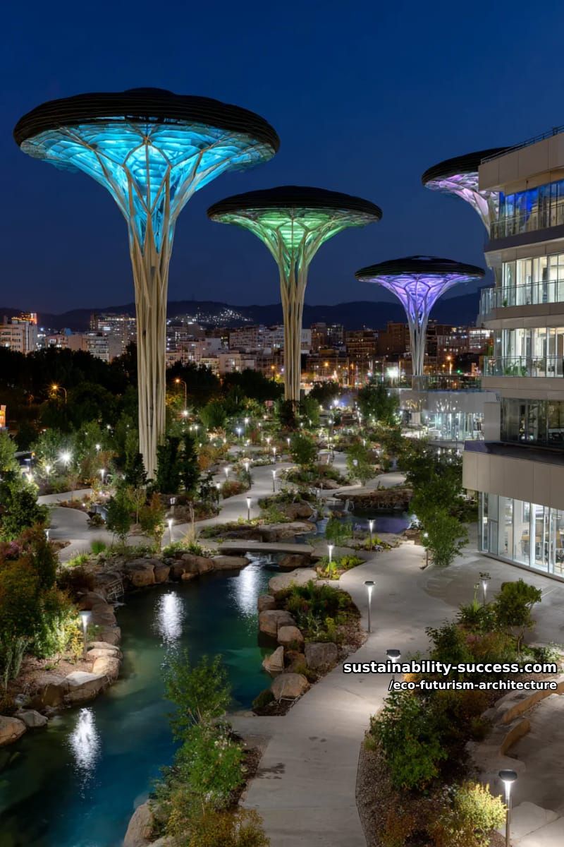 bioluminescent mushroom-inspired towers glowing at night in urban parks 1