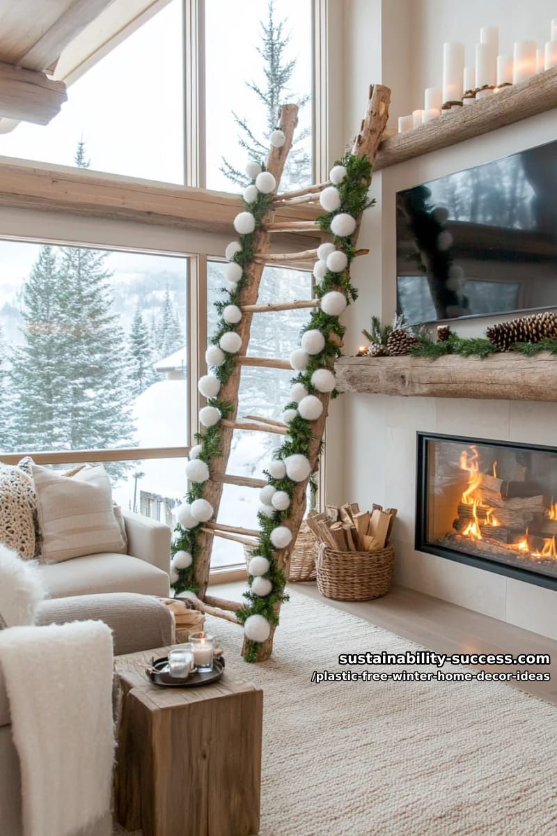 birch branch ladder adorned with homemade felted wool snowballs and pinecones. 1