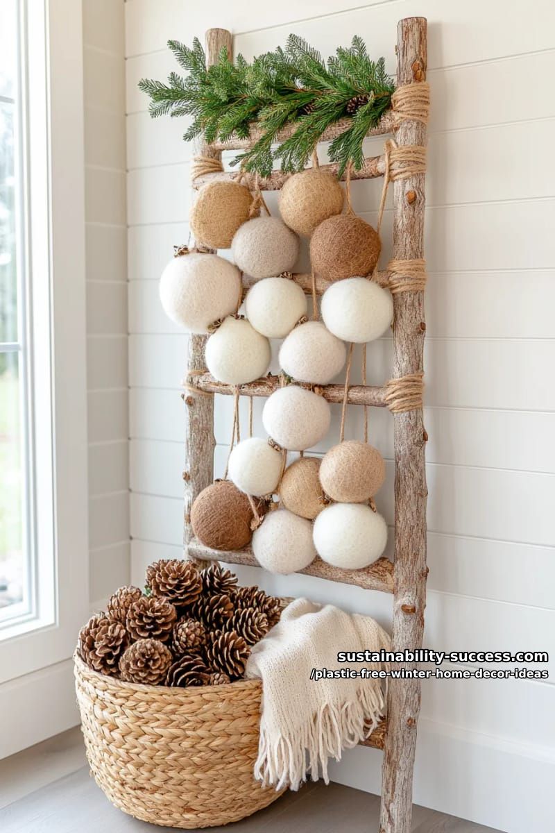 birch branch ladder adorned with homemade felted wool snowballs and pinecones. 1