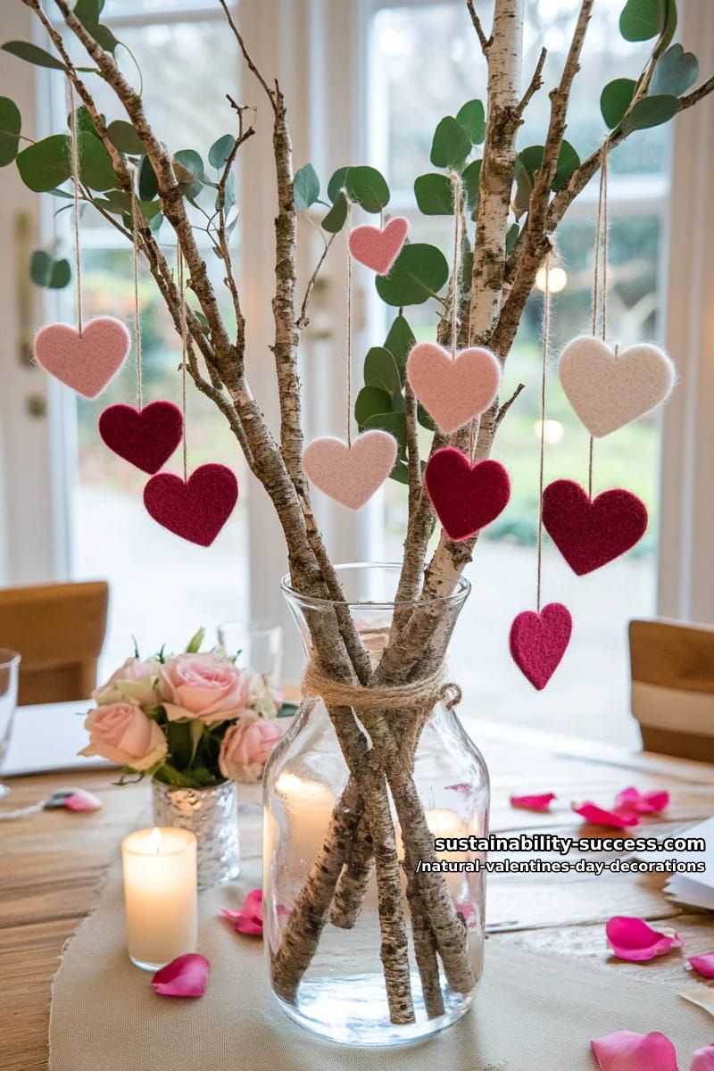 21 Nature-Inspired Valentines Day Decorations You'll Love 3 birch branches in a glass vase with hanging felt heart ornaments 1