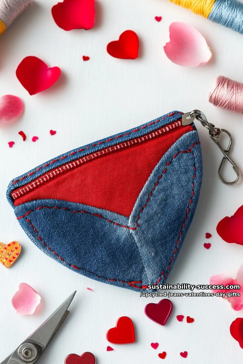 blue jean heart-shaped coin purse with red zipper and charms 1