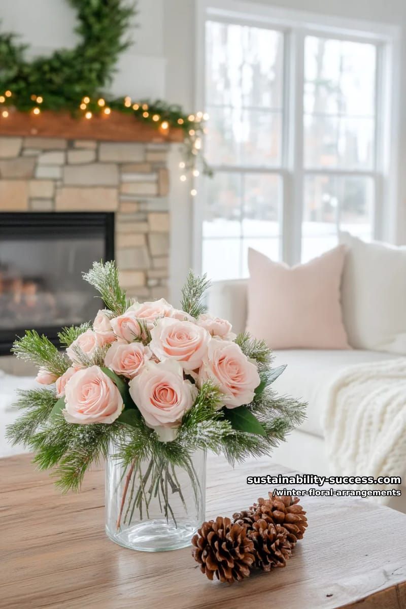 blush pink roses, snowy pine, and pinecones in a clear cylinder 1