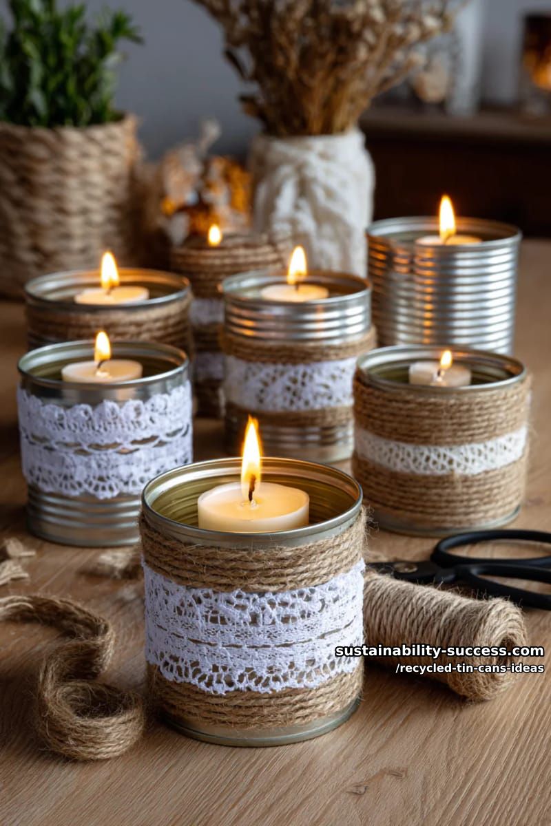 15 Superb Ideas to Upcycle Tin Cans 22 boho candle holders created from tin cans wrapped in jute and lace 1