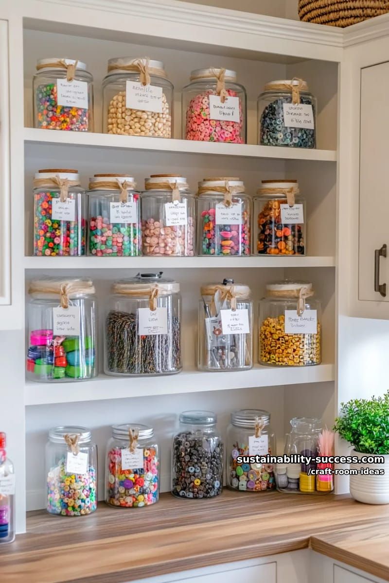 15 Inspiring Craft Room Ideas to Elevate Your Creative Space 20 built-in bookcase with labeled glass jars for button and bead organization 1