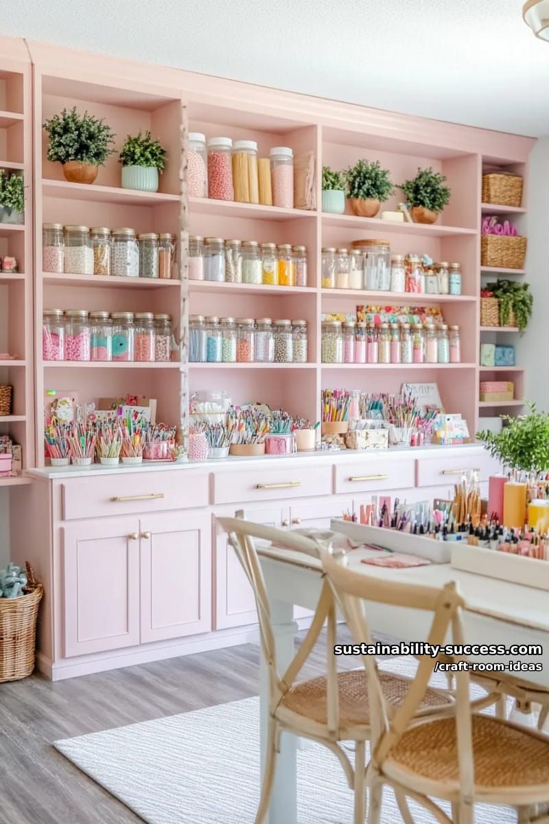 15 Inspiring Craft Room Ideas to Elevate Your Creative Space 21 built-in bookcase with labeled glass jars for button and bead organization 1