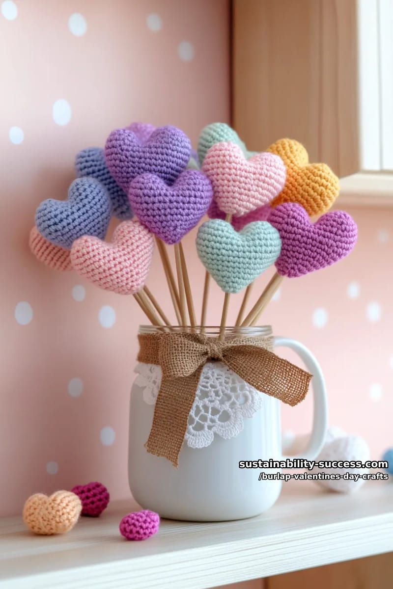 burlap and crochet mini heart bouquet for kids’ rooms 1