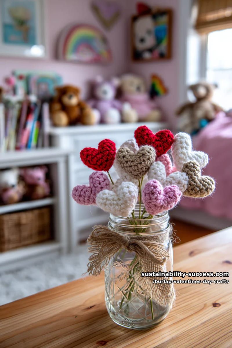 burlap and crochet mini heart bouquet for kids’ rooms 1