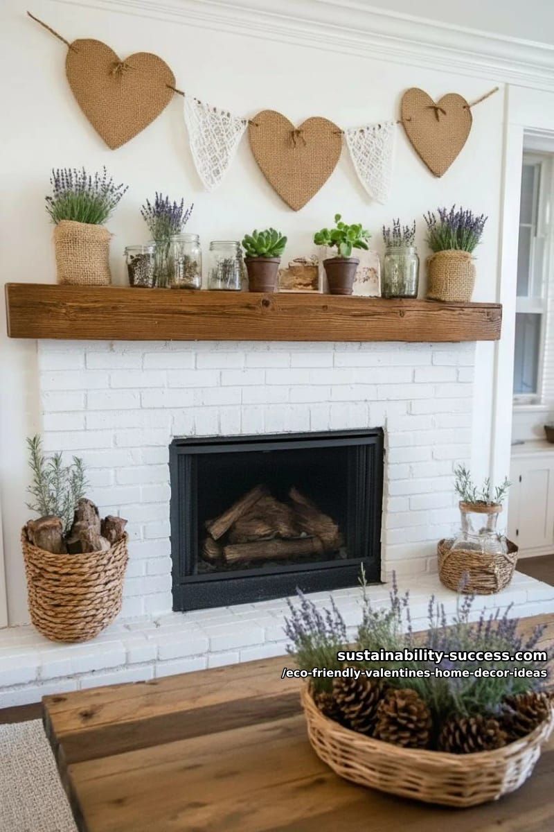 burlap and lace heart-shaped bunting draped above a fireplace 1