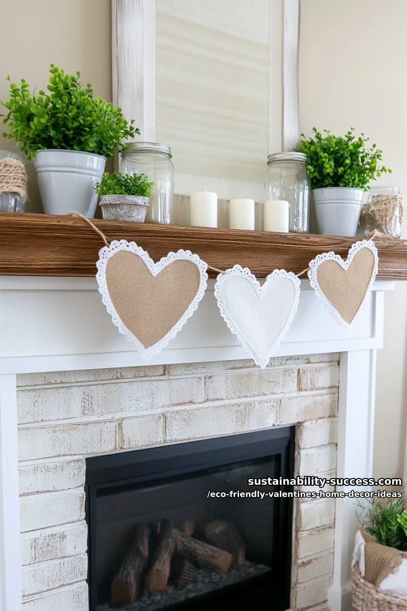 burlap and lace heart-shaped bunting draped above a fireplace 1