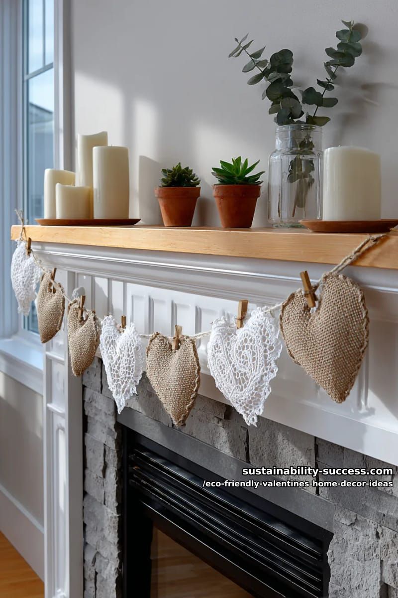 burlap and lace heart-shaped bunting draped above a fireplace 1