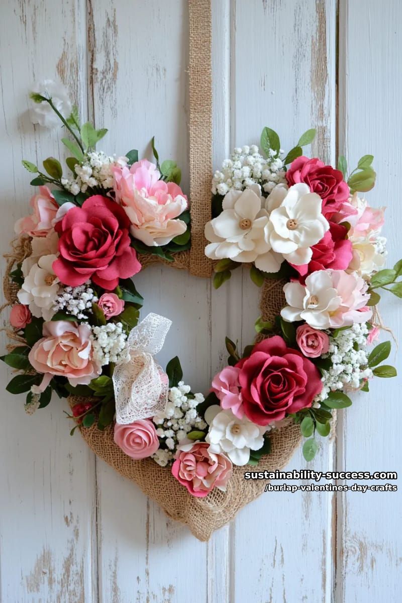 burlap and yarn heart-shaped wreath with floral accents 1