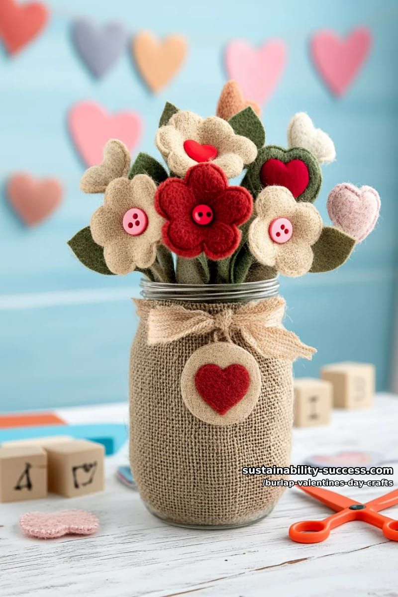 burlap flower bouquet with heart-shaped button centers for toddlers 1