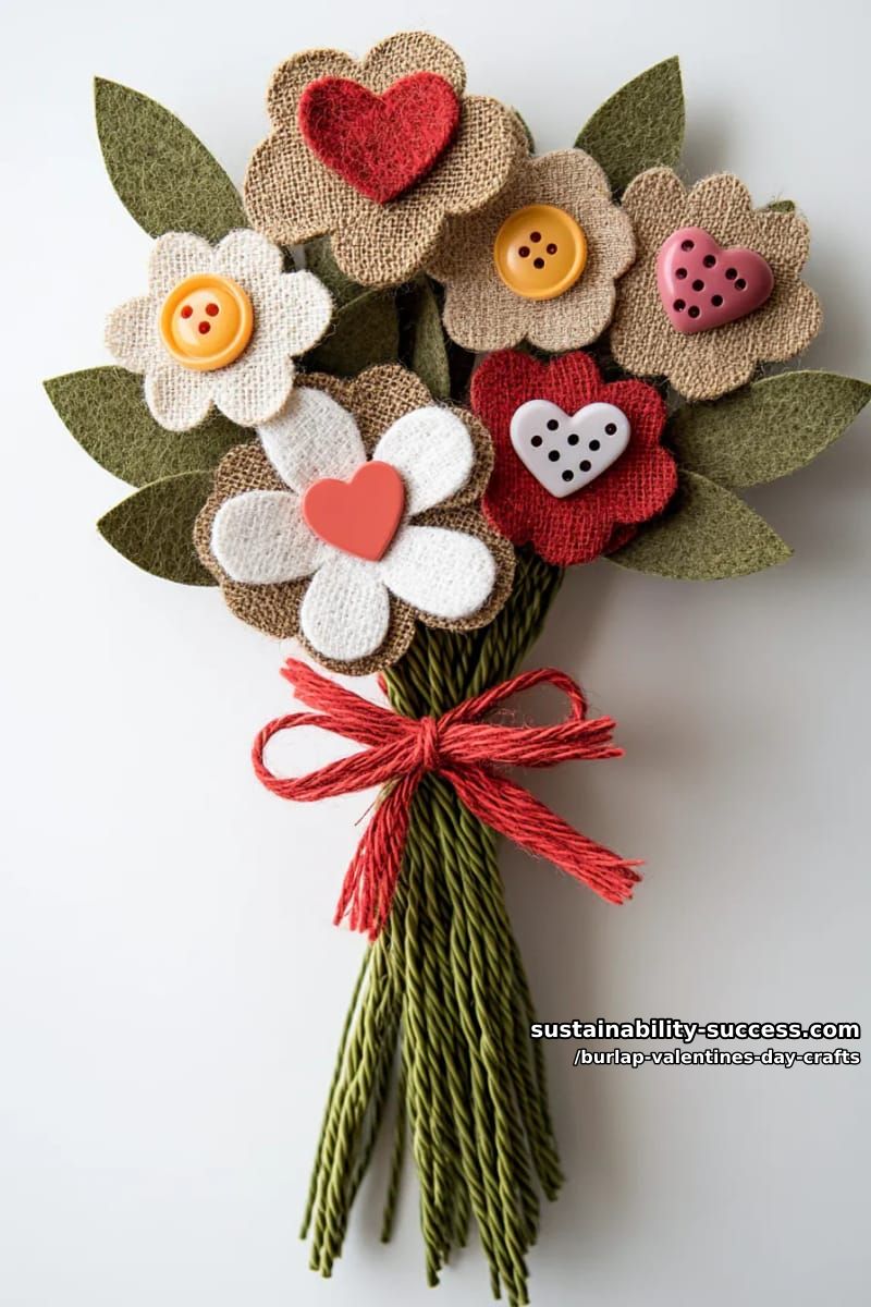 burlap flower bouquet with heart-shaped button centers for toddlers 1