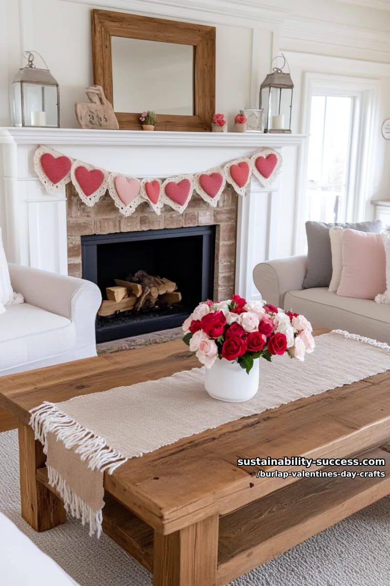 burlap heart-shaped garland with lace trim and mini pom pom accents 1