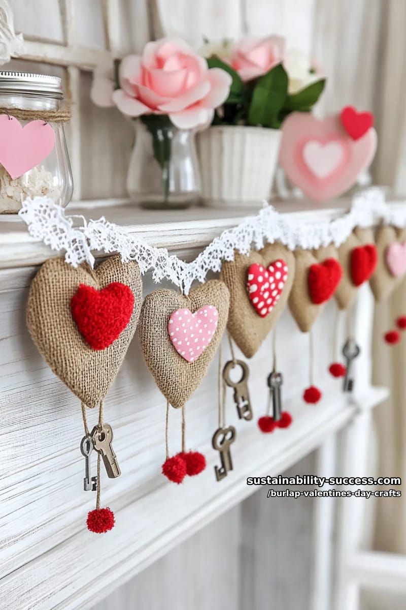 burlap heart-shaped garland with lace trim and mini pom pom accents 1
