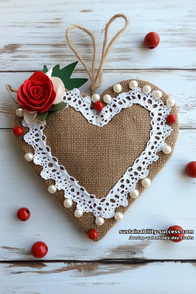 burlap heart wall hanging with layered paper doilies and beads 1