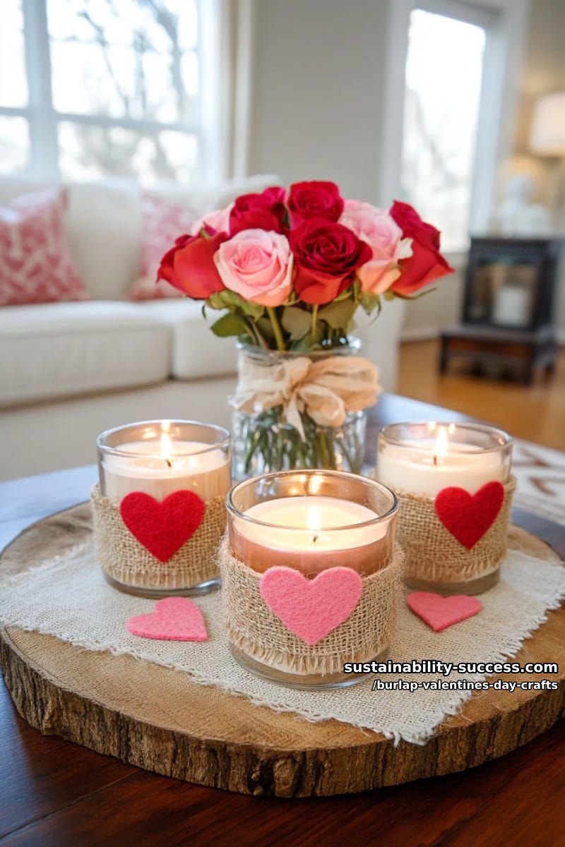 burlap-wrapped candle holders decorated with twine bows and felt hearts 12