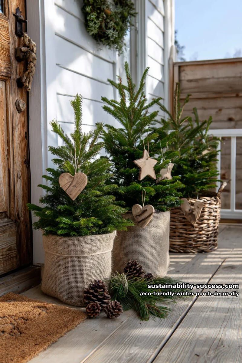 burlap-wrapped potted evergreens with natural wood ornaments 1