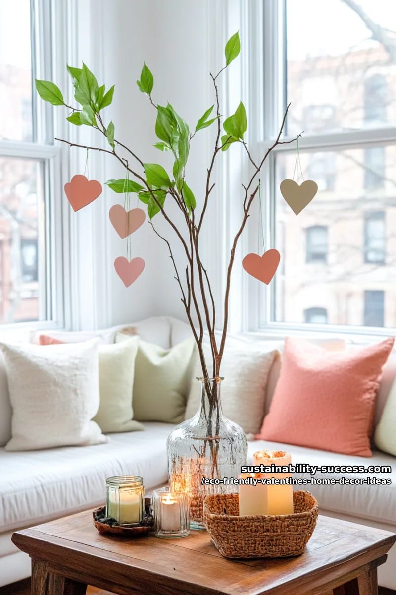 cardboard heart mobiles hanging from foraged branches 1