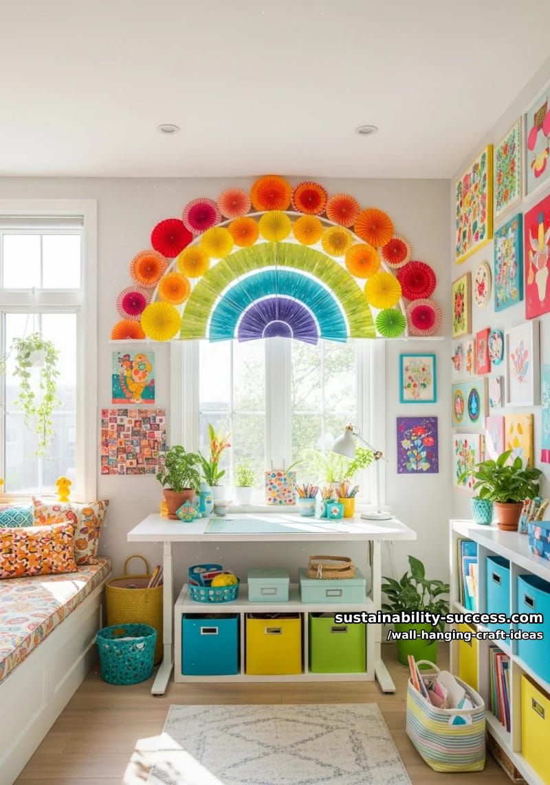 cascading rainbow paper fans arranged in a semi-circular wall display. 1