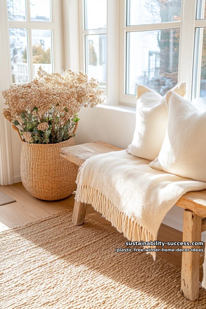 chunky wool blanket draped over a vintage wooden bench with dried hydrangeas. 1