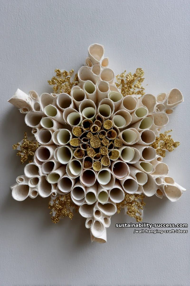 circular wall mandala made from rolled paper tubes and gold accents. 1