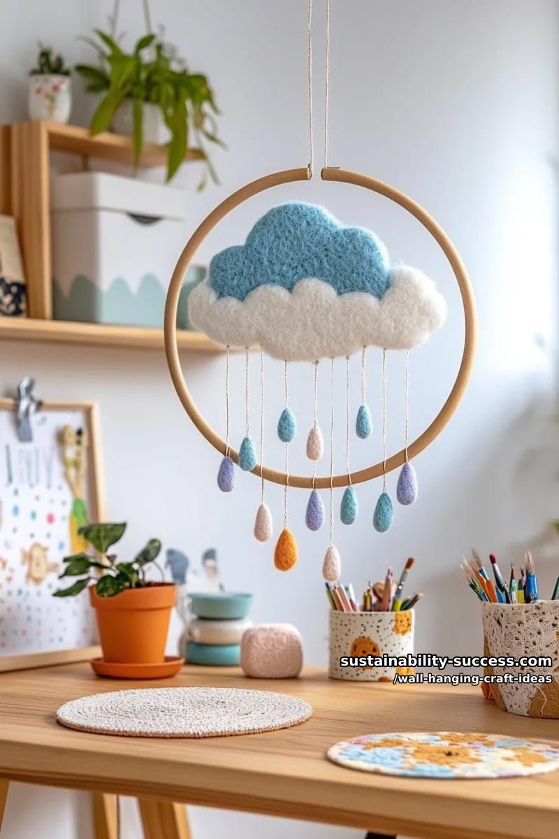 cloud and raindrop motif with felt pieces hanging from a wooden hoop. 1