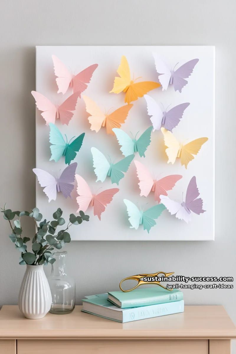 clustered paper butterflies on a canvas, forming a whimsical wall pattern. 1
