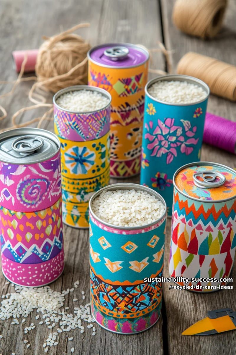 15 Superb Ideas to Upcycle Tin Cans 29 colorful musical shakers made from tin cans, rice, and patterned paper 1