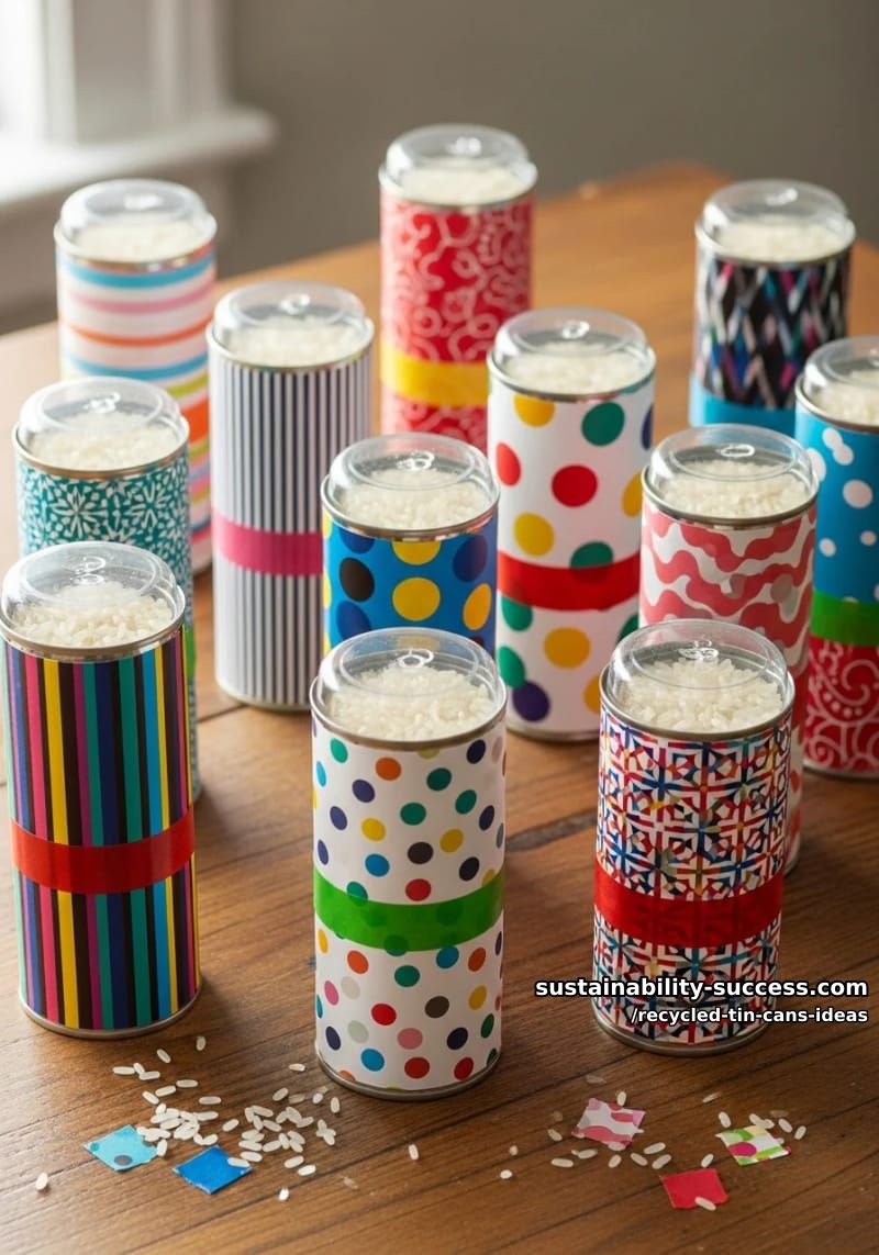 15 Superb Ideas to Upcycle Tin Cans 30 colorful musical shakers made from tin cans, rice, and patterned paper 1
